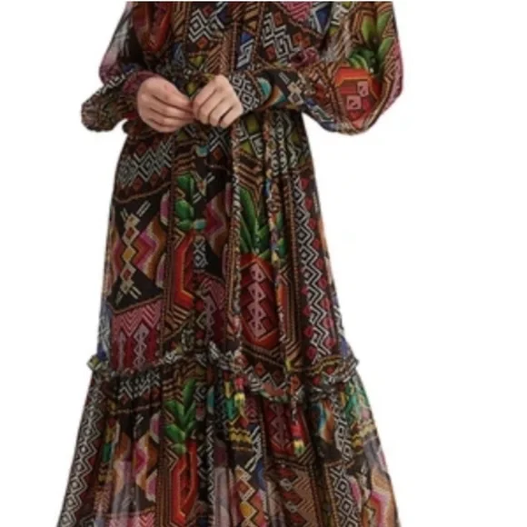 NWT FARM Rio Rauti Midi Dress Large Multi Abstract Tiered Long Sleeve High Neck - Picture 4 of 5